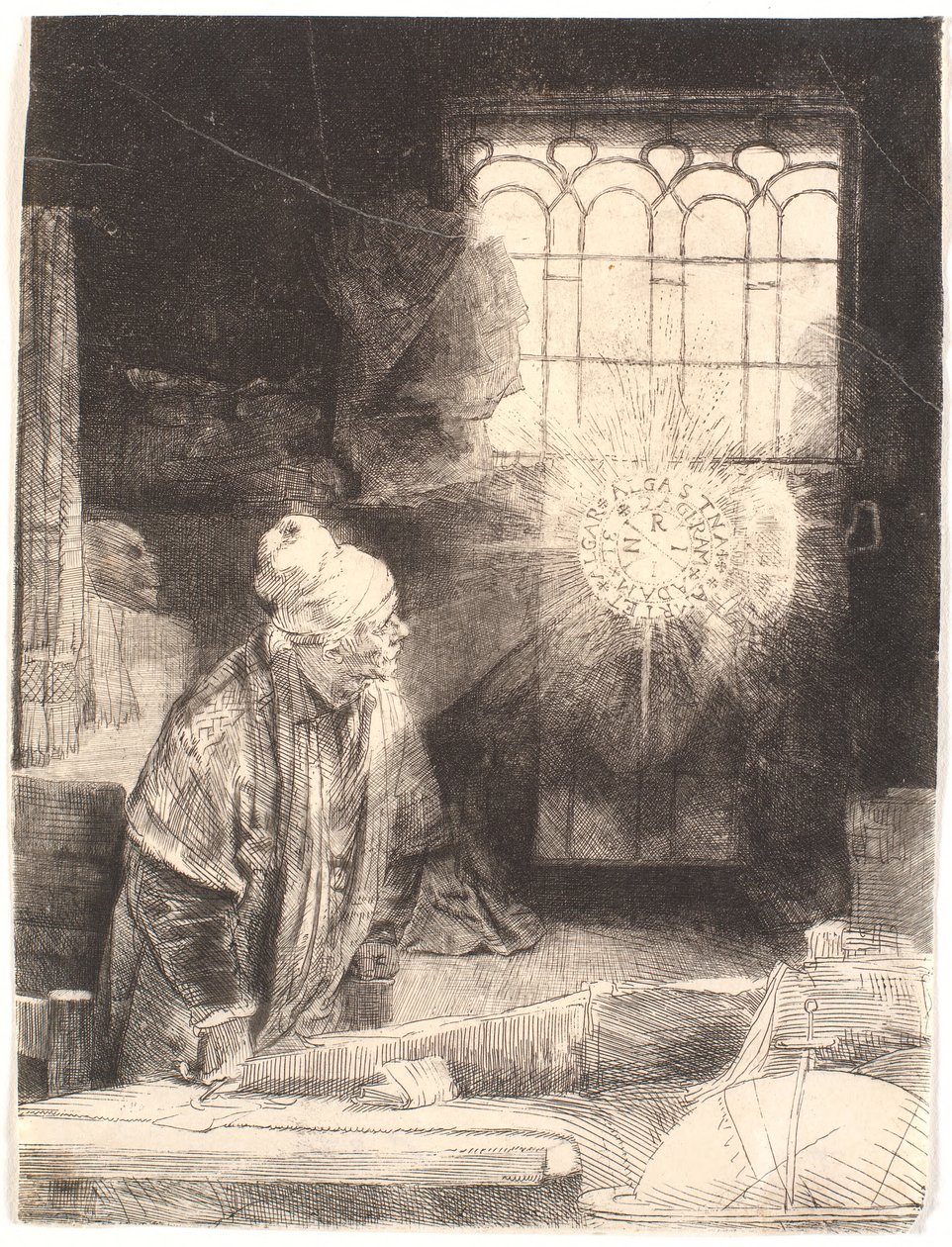 Faust a dolgozószobájában, varázskorongot néz (Dr. Faustus) alkotó: Rembrandt van Rijn