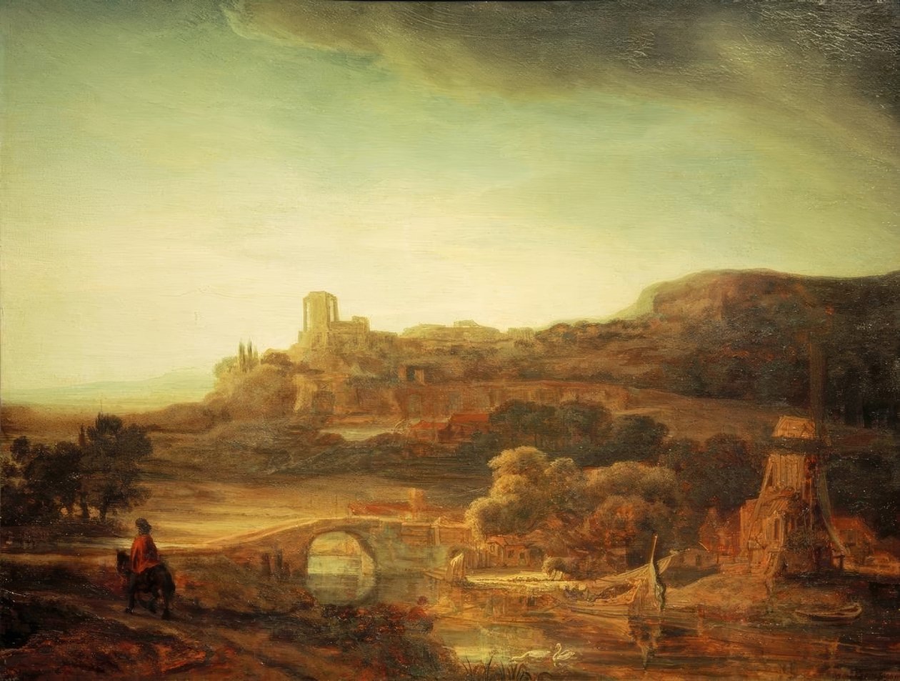 Folyói táj szélmalommal alkotó: Rembrandt van Rijn
