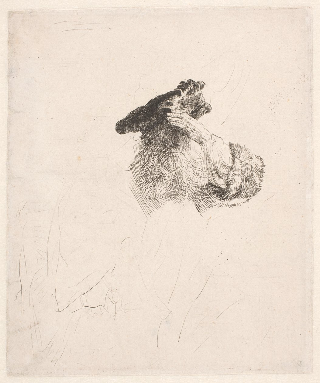 Öreg ember árnyékolja a szemét a kezével alkotó: Rembrandt van Rijn