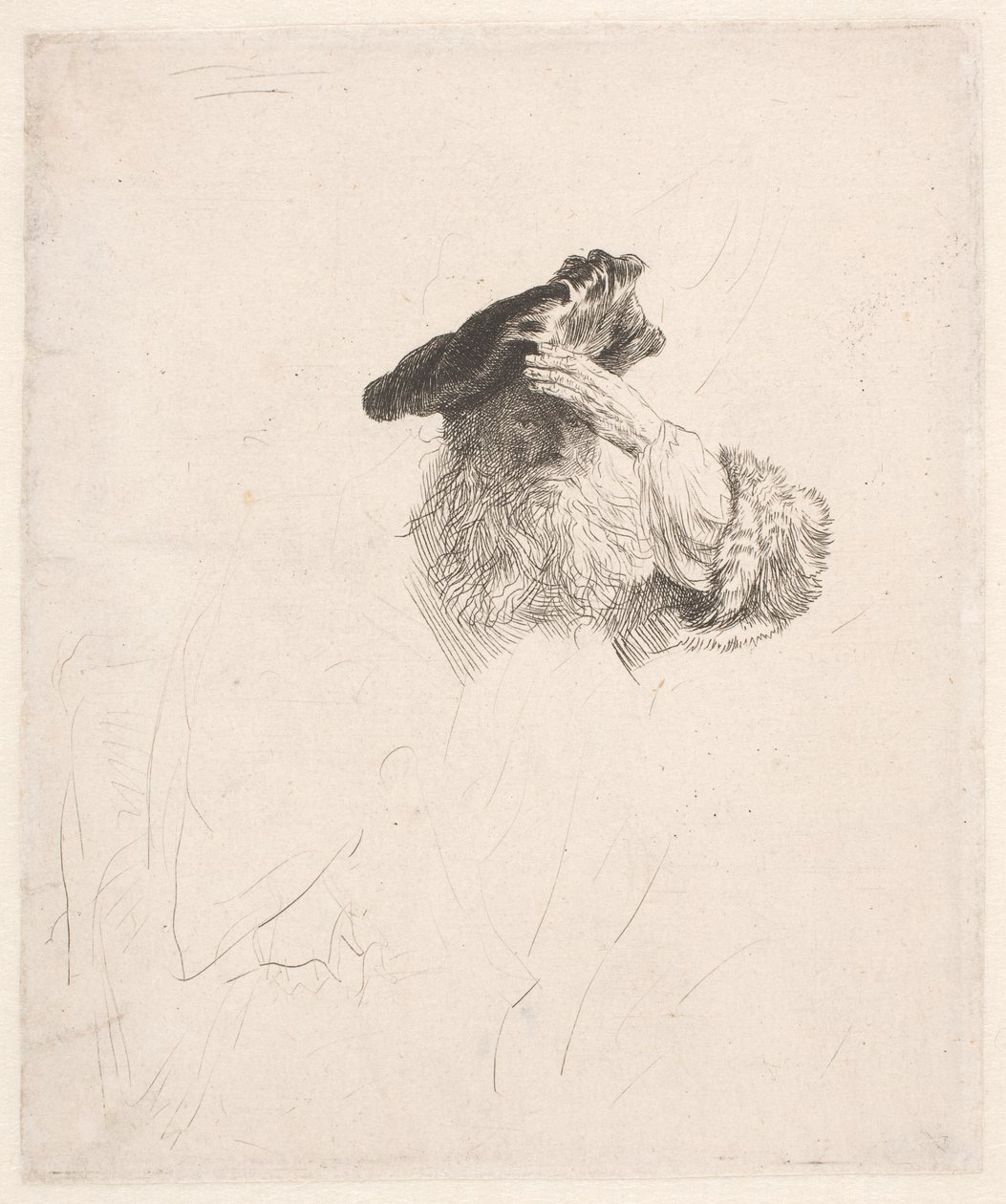 Öreg ember árnyékolja a szemét a kezével alkotó: Rembrandt van Rijn