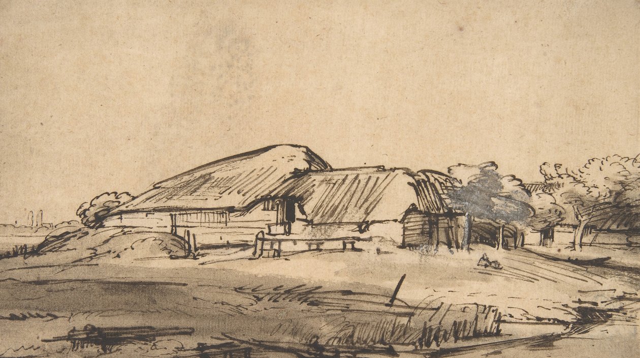 Gazdasági épületek csoportja, kb. 1648-52. alkotó: Rembrandt van Rijn