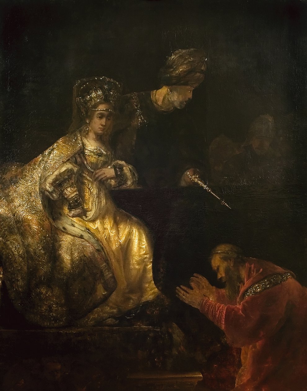 Hámán Eszter irgalmát könyörögve, 1660-as évek. alkotó: Rembrandt van Rijn