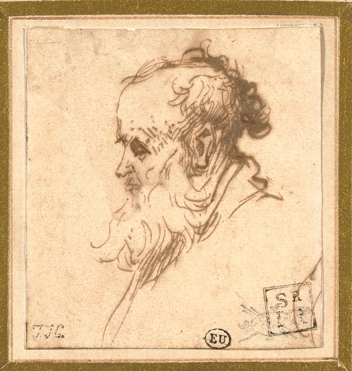 Egy szakállas férfi feje profilban balra alkotó: Rembrandt van Rijn
