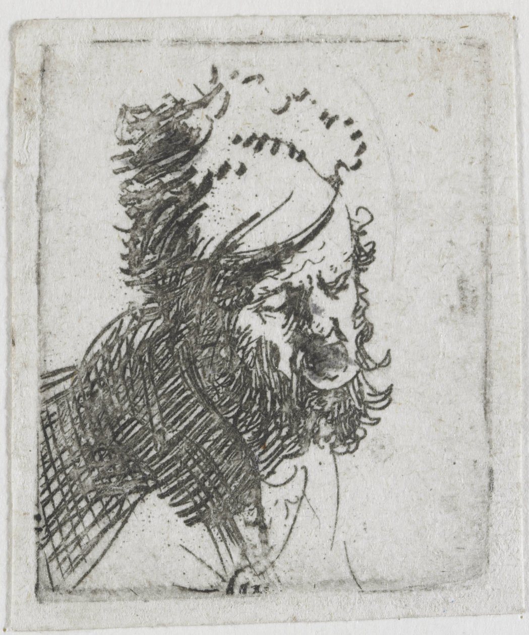 Egy szőrme sapkás férfi feje, aki kiált alkotó: Rembrandt van Rijn