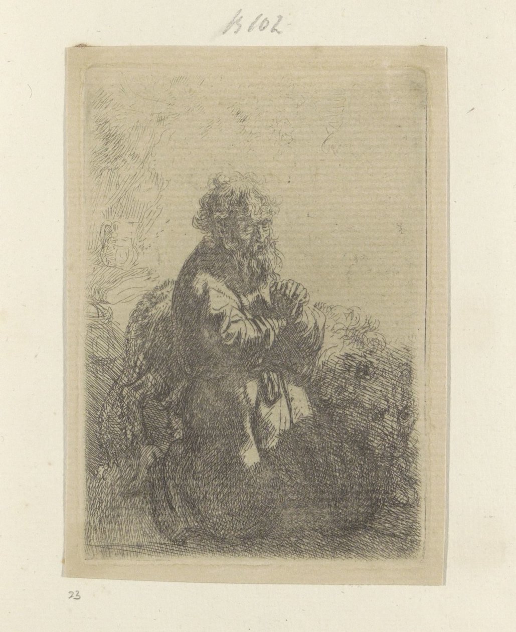 Jerome imában térdel, lenéz Recueil de quatre-vingt-cinq estampes originales (sorozat címe) alkotó: Rembrandt van Rijn