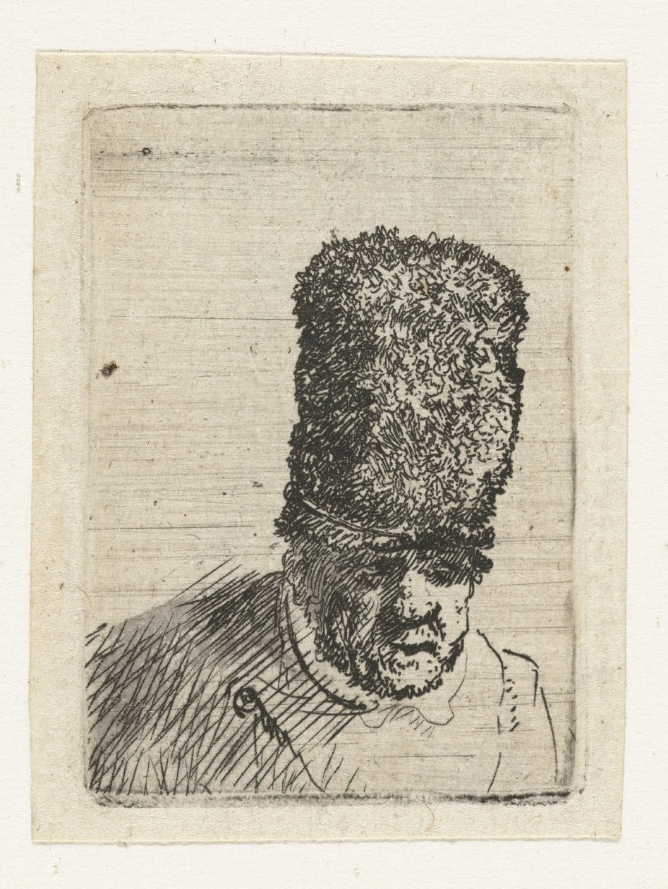 Egy idős férfi feje, magas szőrme sapkával alkotó: Rembrandt van Rijn