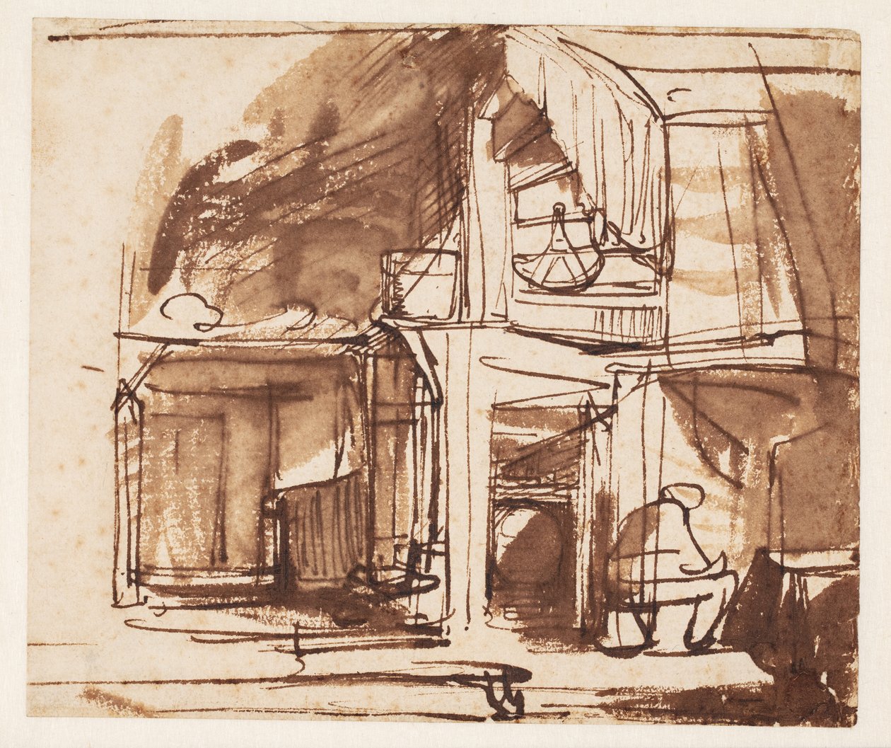 Belső egy kanyargós lépcsővel és egy ülő emberrel alkotó: Rembrandt van Rijn