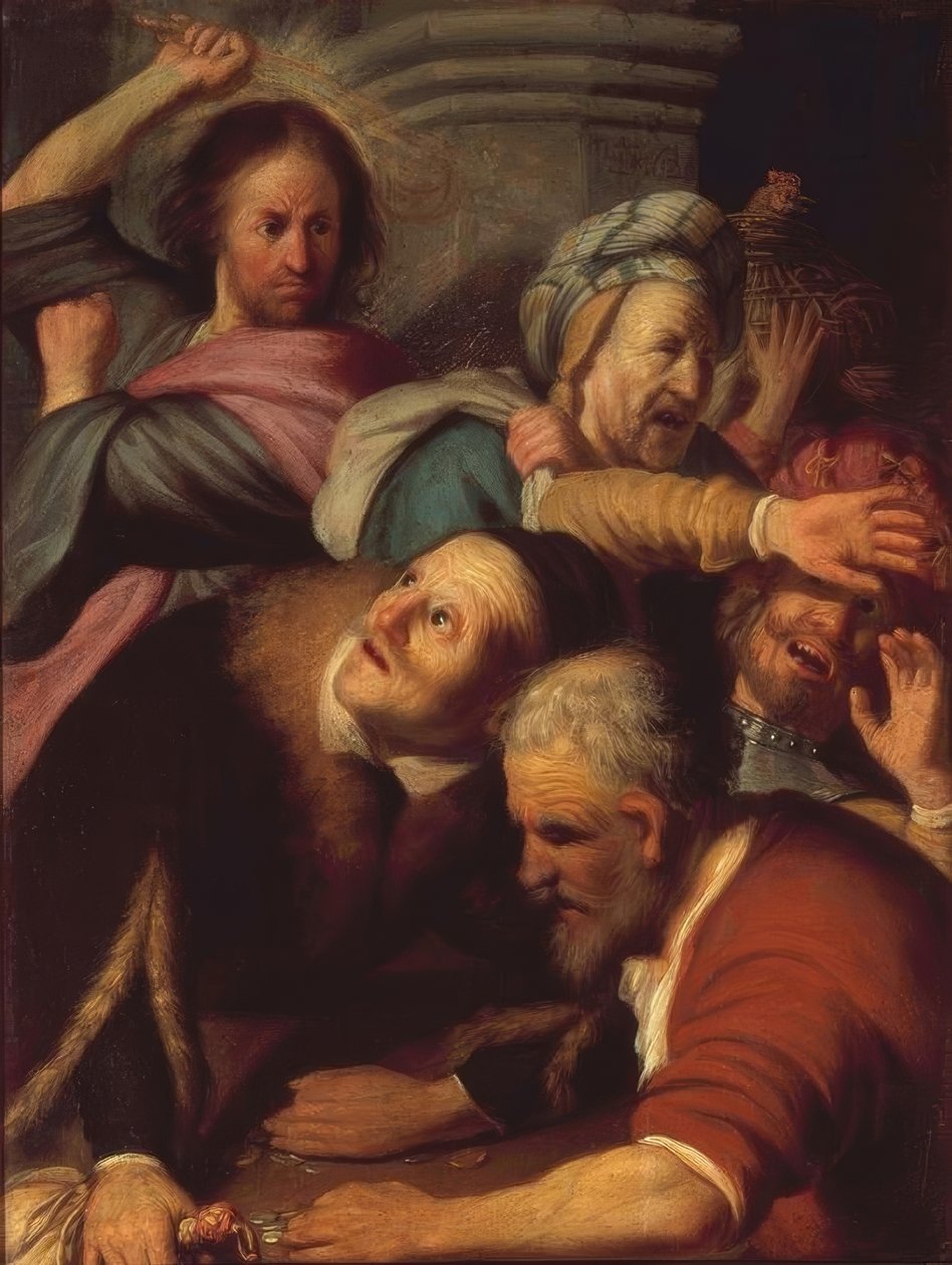 Jézus kiűzi a váltókat a templomból alkotó: Rembrandt van Rijn