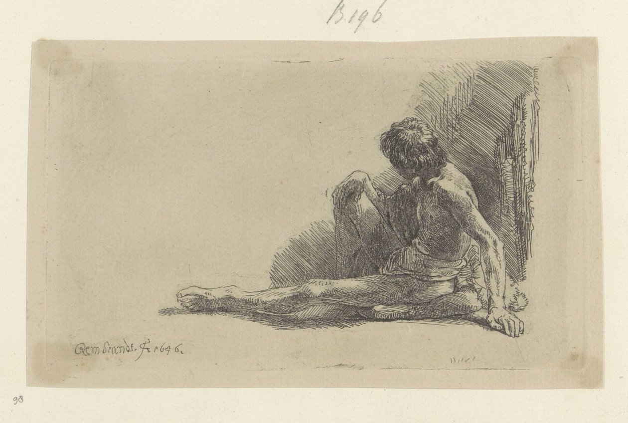 Fiatal férfi ül a földön, egyik lábát kinyújtva Recueil de quatre-vingt-cinq estampes originales (sorozat címe) alkotó: Rembrandt van Rijn