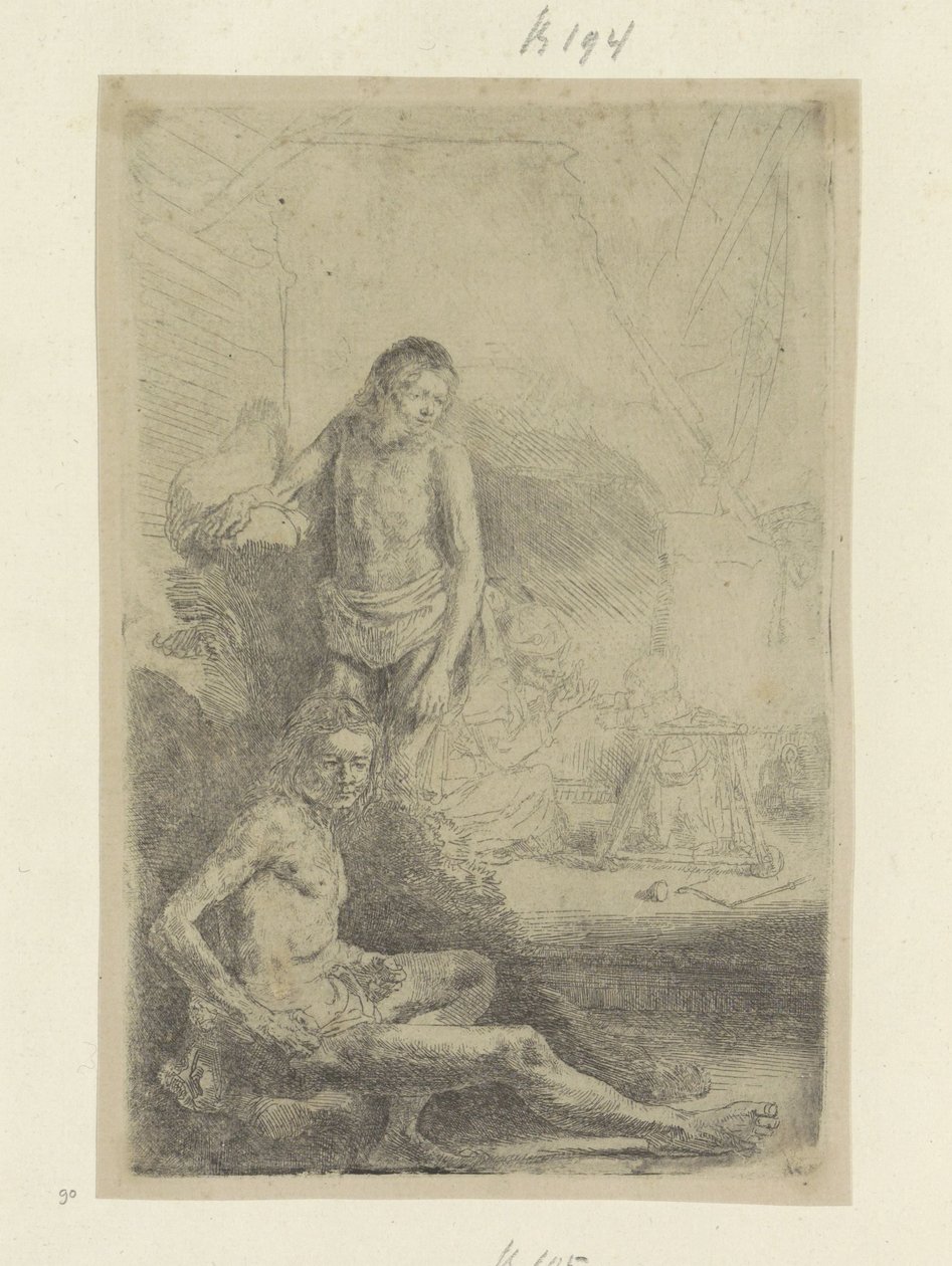 Fiatal férfi, ül és áll Recueil de quatre-vingt-cinq estampes originales (sorozat címe) alkotó: Rembrandt van Rijn