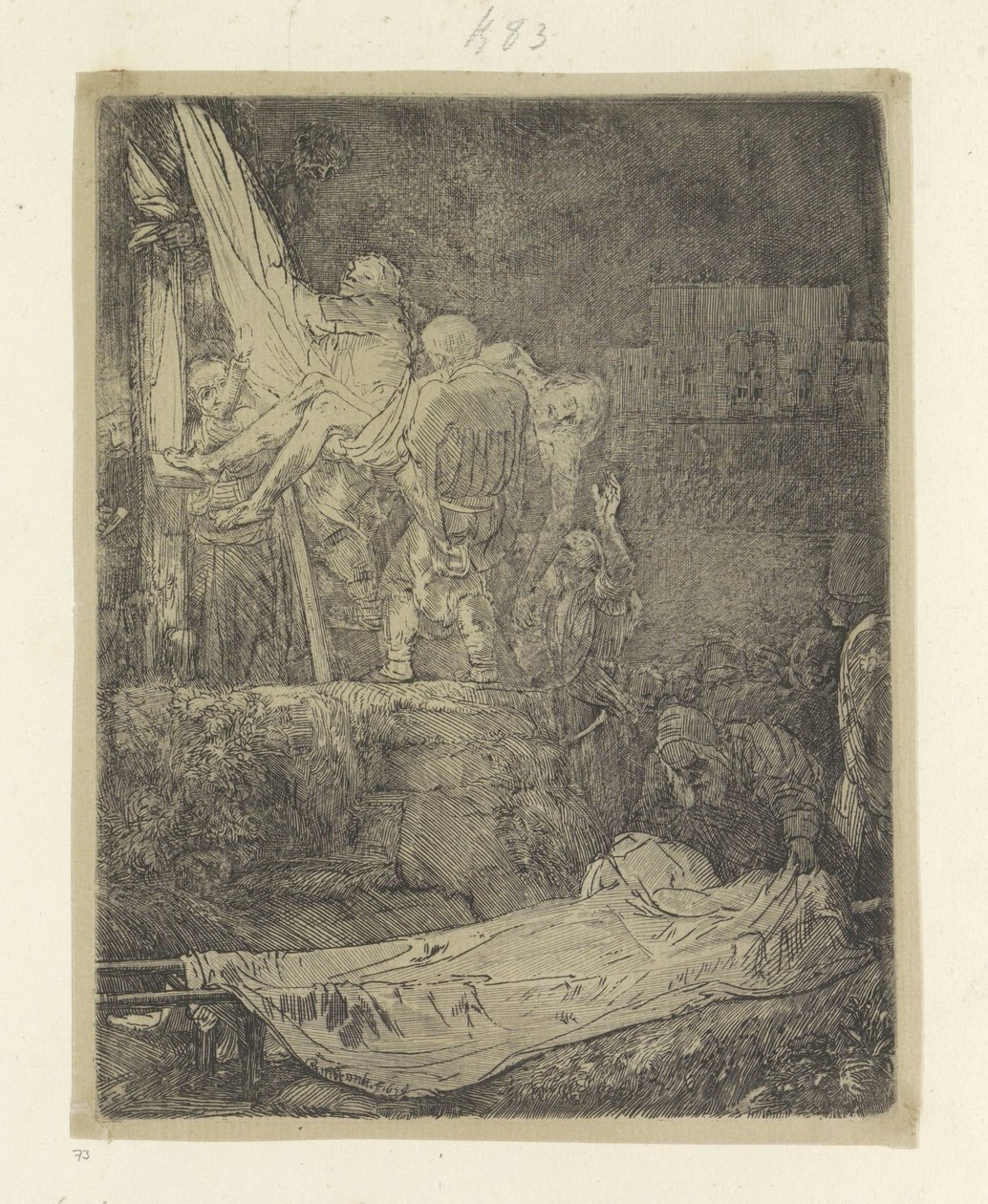 Leszállás a keresztről fáklyafényben Recueil de quatre-vingt-cinq estampes originales (sorozat címe) alkotó: Rembrandt van Rijn