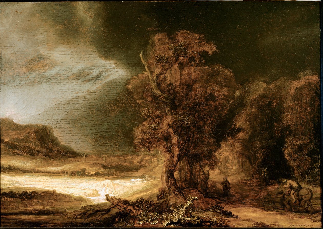 Táj az irgalmas szamaritánusnál Harmenszoon van Rijn dit Rembrandt festménye (1606-1669) 1638 V. 46,5x66 cm Czartoryski Múzeum, Krakkó, Lengyelország alkotó: Rembrandt van Rijn