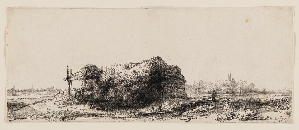 Táj nyaralóval és szénapajtával: Hosszúkás alkotó: Rembrandt van Rijn