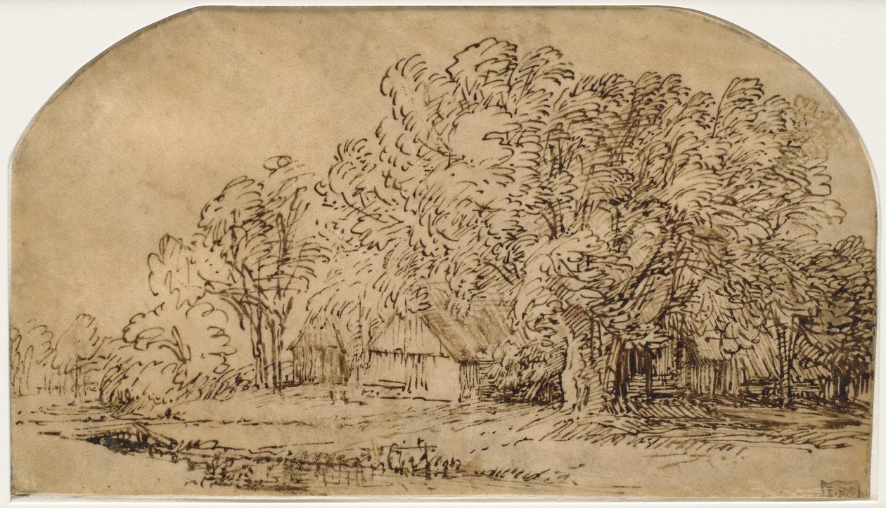 Táj kunyhókkal magas fák alatt ("A szél puffadása") alkotó: Rembrandt van Rijn