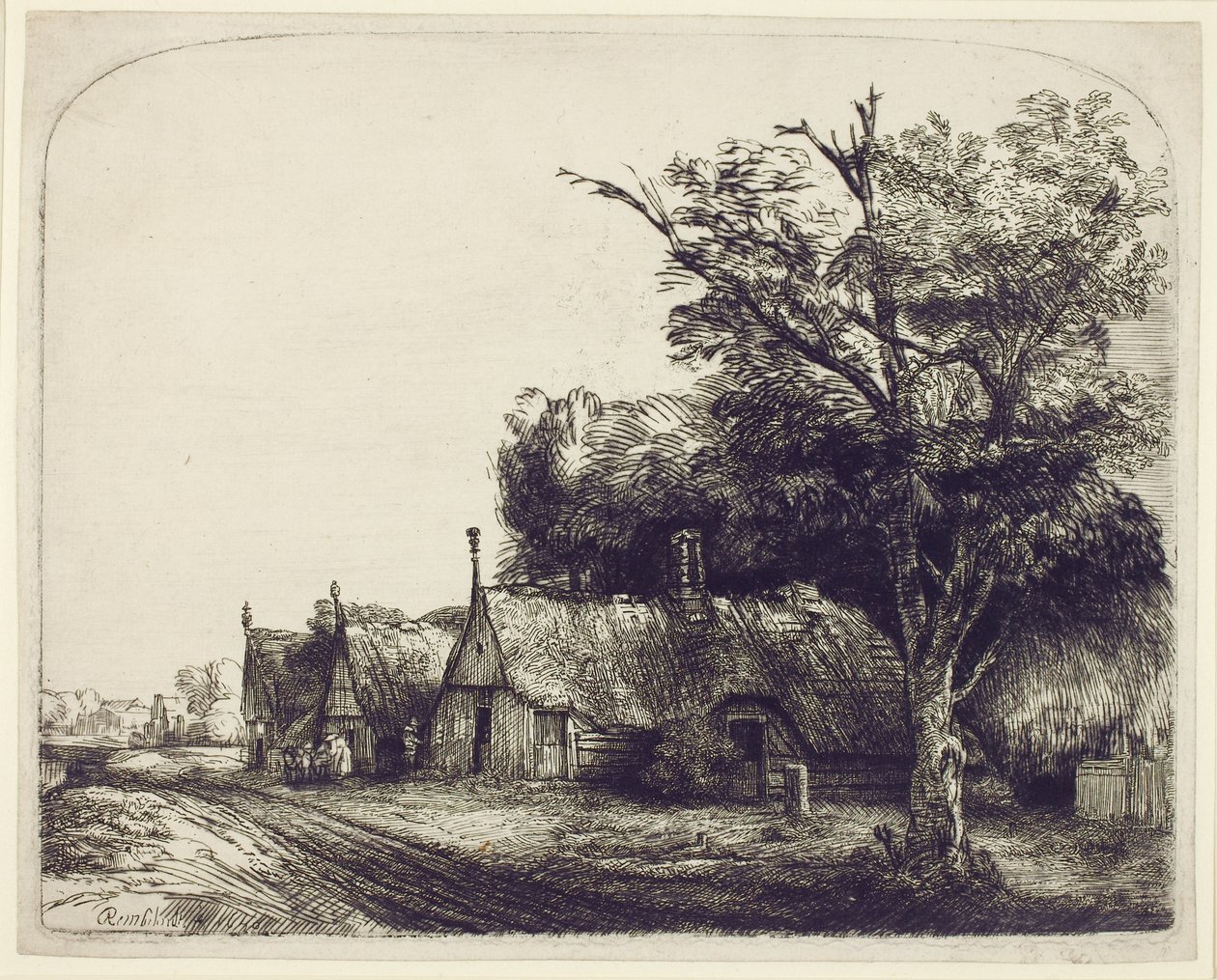 Táj nyeregtetős nyaralók az út mellett, 1650 (rézkarc és szárazhús papíron) alkotó: Rembrandt van Rijn