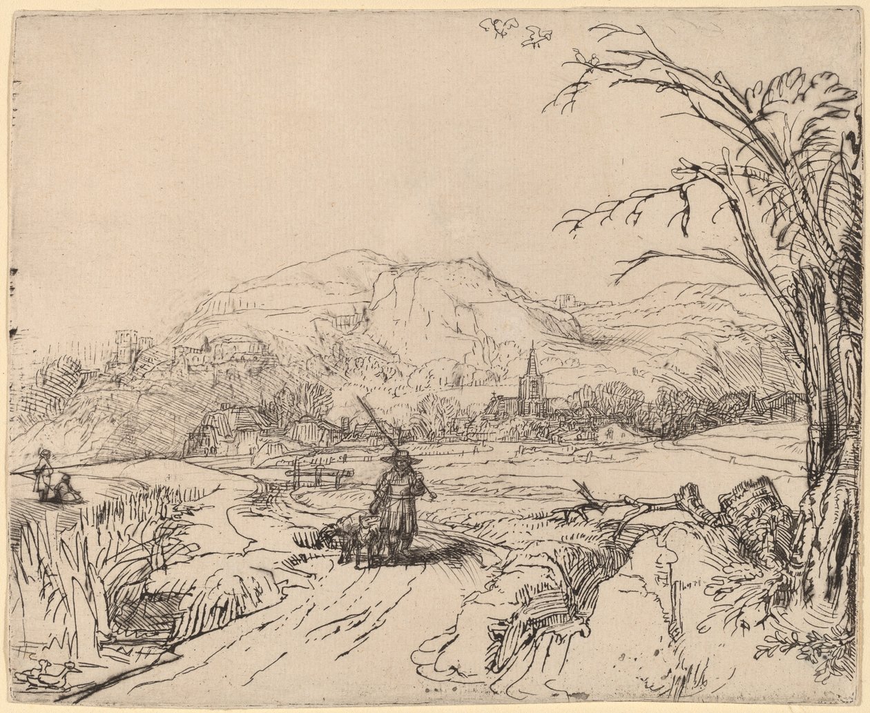 Táj sportolóval és kutyával alkotó: Rembrandt van Rijn