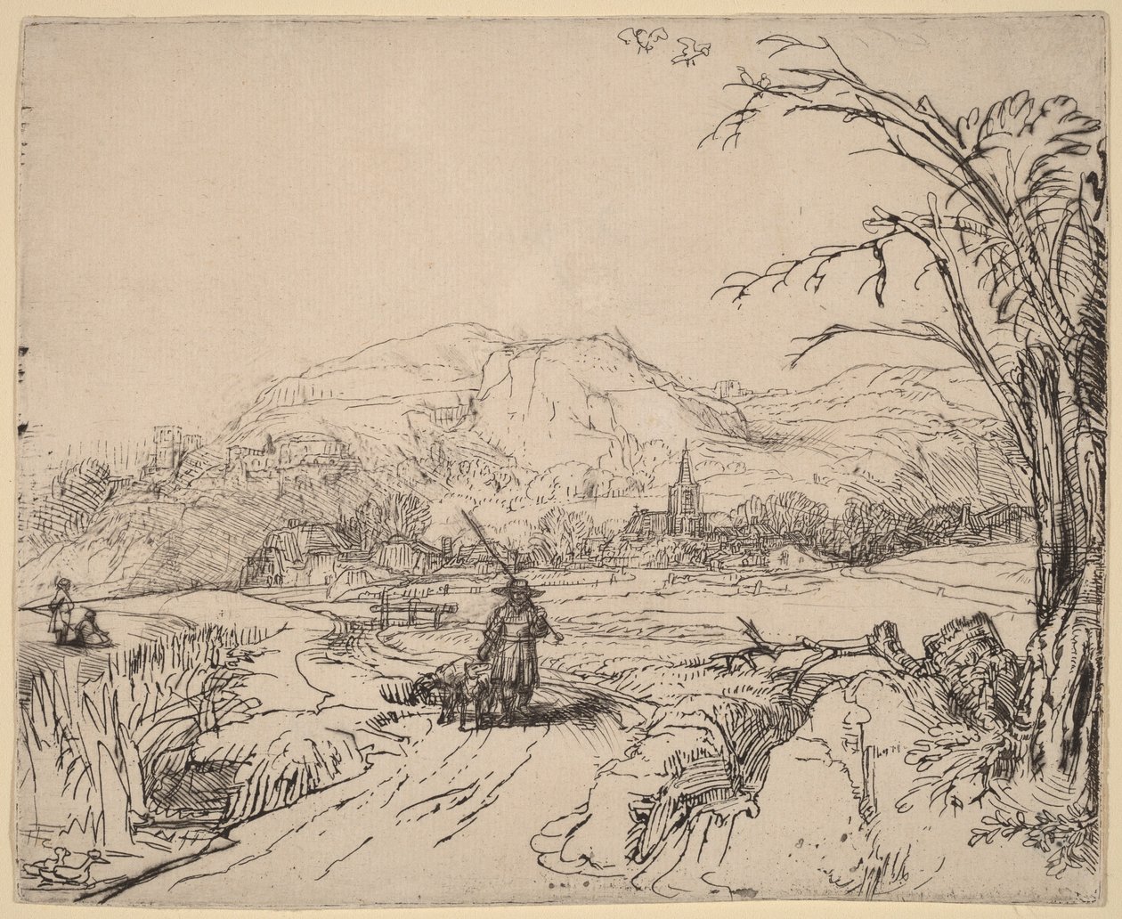 Tájkép sportolóval és kutyával alkotó: Rembrandt van Rijn