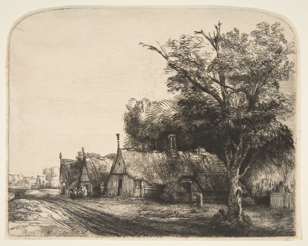Táj három nyeregtetős kunyhóval egy út mellett, 1650. alkotó: Rembrandt van Rijn