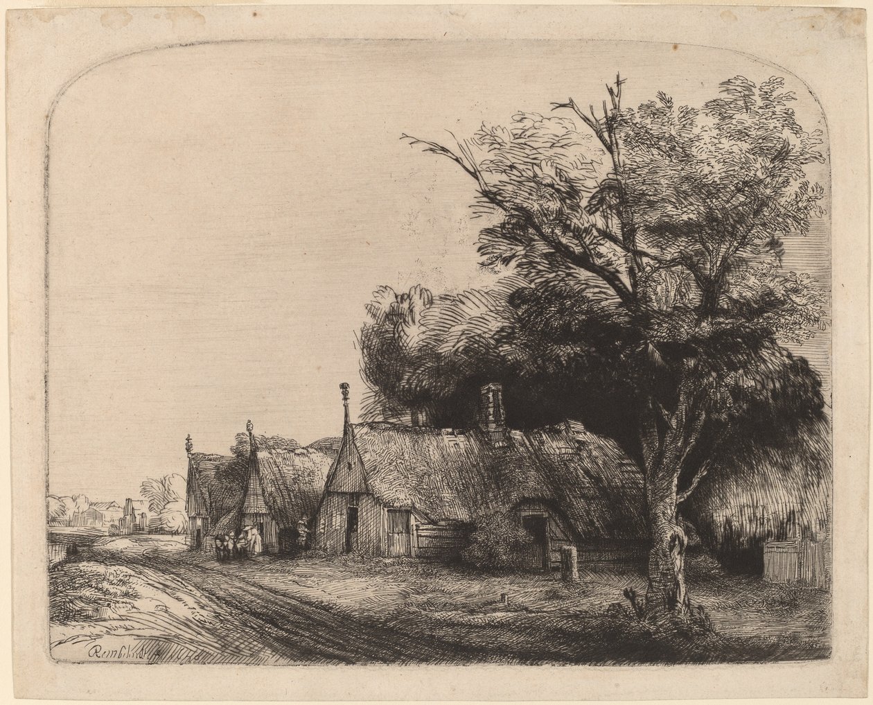 Táj három nyeregtetős nyaralóval egy út mellett alkotó: Rembrandt van Rijn