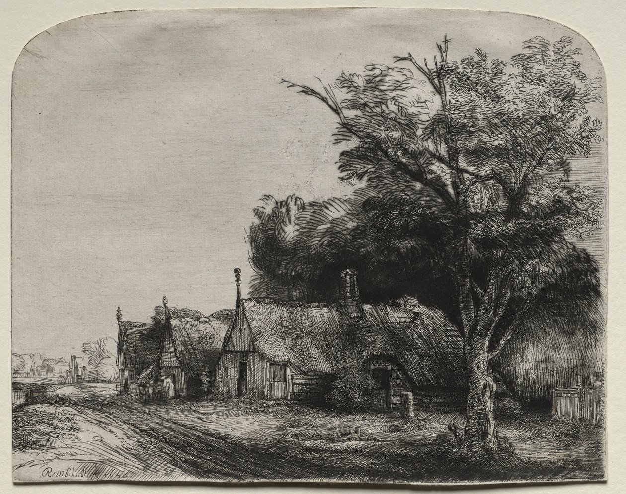 Táj három nyeregtetős nyaralóval egy út mellett alkotó: Rembrandt van Rijn