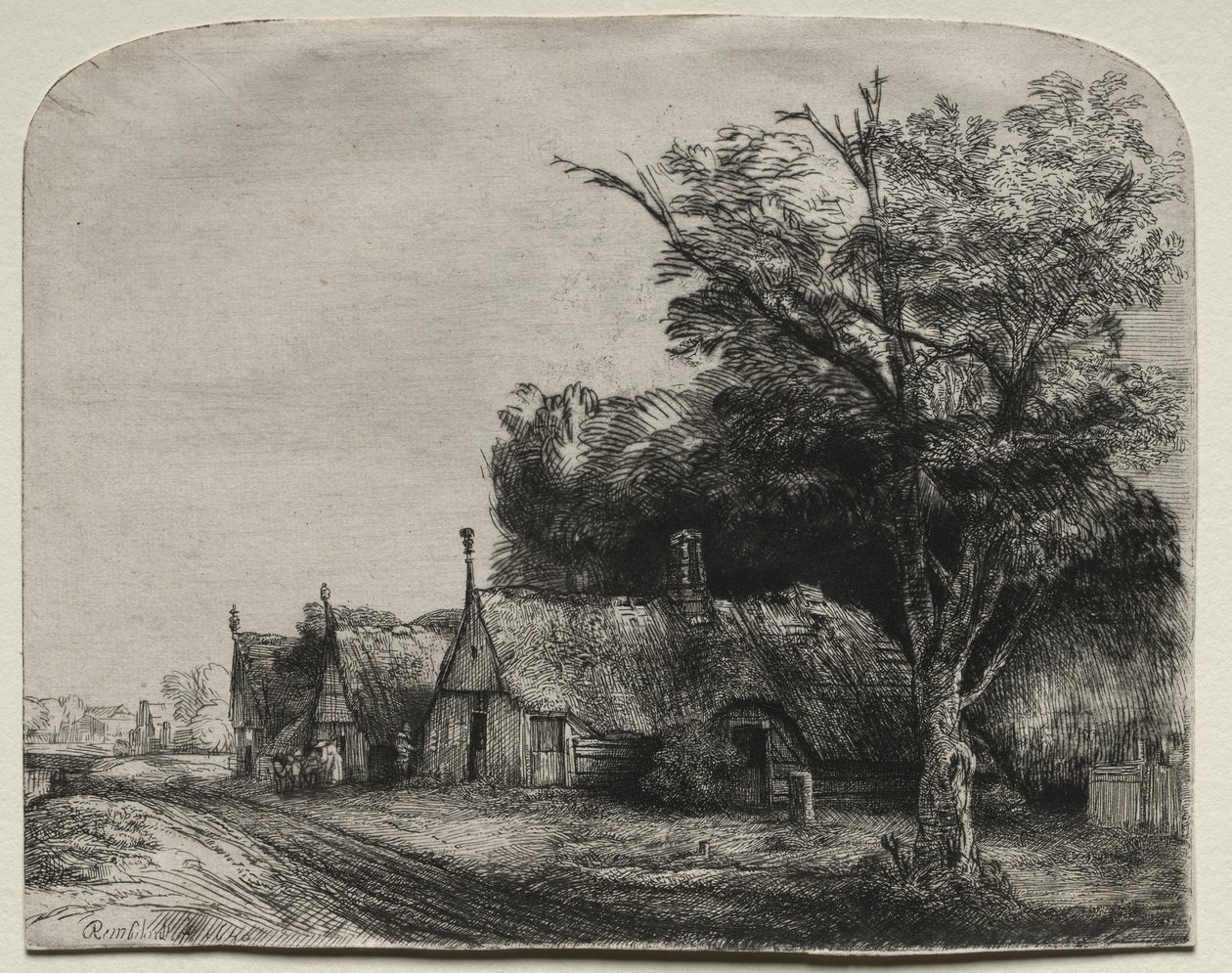 Táj három nyeregtetős kunyhóval egy út mellett, 1650. alkotó: Rembrandt van Rijn
