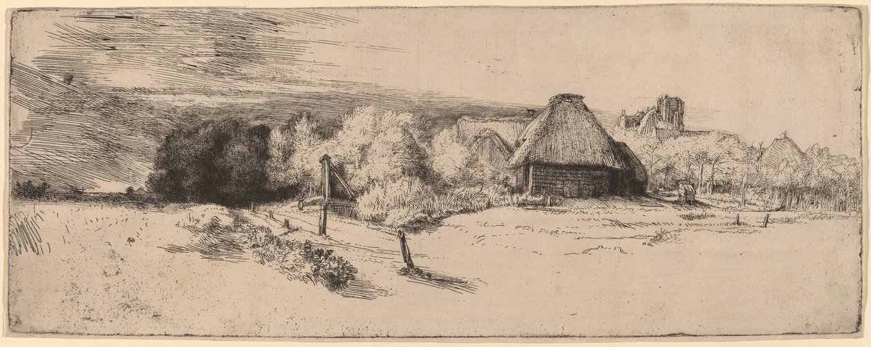 Táj fákkal, gazdasági épületekkel és toronnyal alkotó: Rembrandt van Rijn