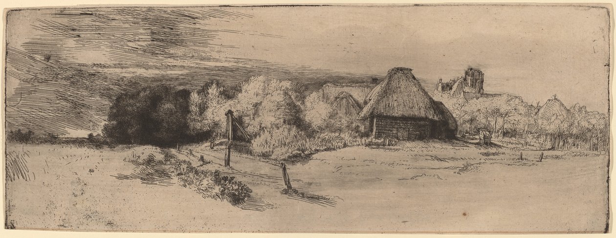Táj fákkal, gazdasági épületekkel és toronnyal alkotó: Rembrandt van Rijn