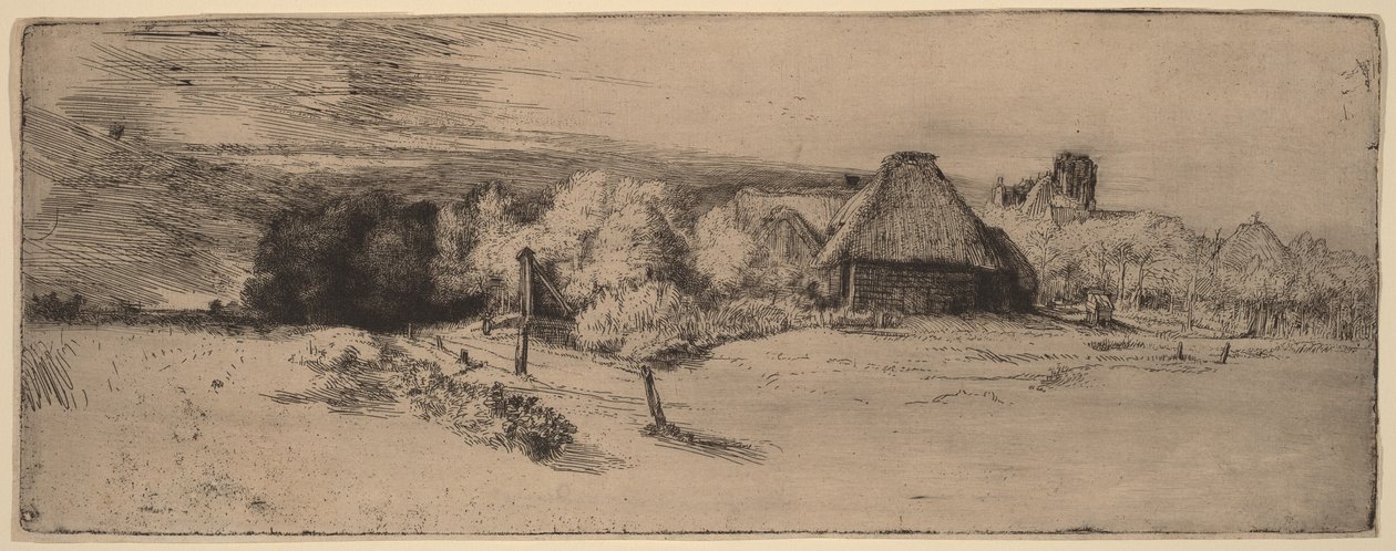Tájkép fákkal, paraszti épületekkel és egy toronnyal alkotó: Rembrandt van Rijn