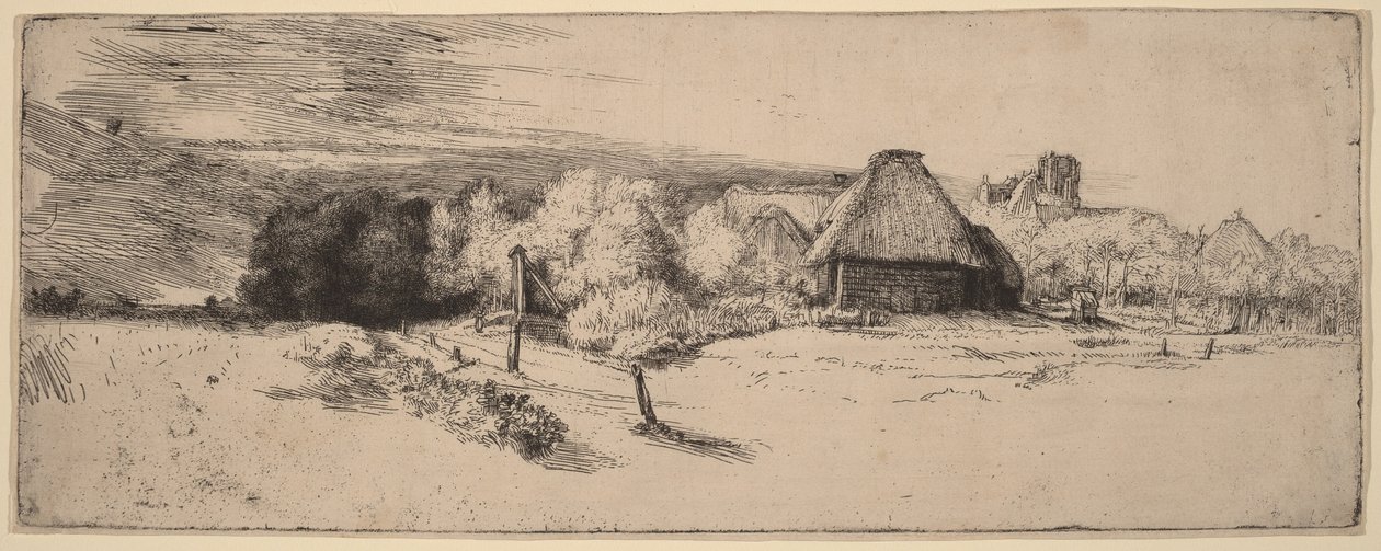 Tájkép fákkal, paraszti épületekkel és egy toronnyal alkotó: Rembrandt van Rijn