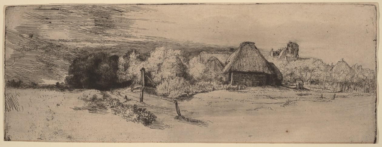 Tájkép fákkal, paraszti épületekkel és egy toronnyal alkotó: Rembrandt van Rijn