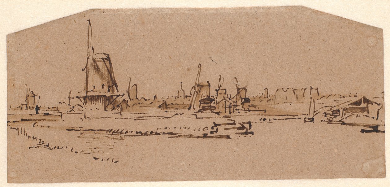 Táj szélmalmokkal egy csatornán Amszterdamtól nyugatra alkotó: Rembrandt van Rijn