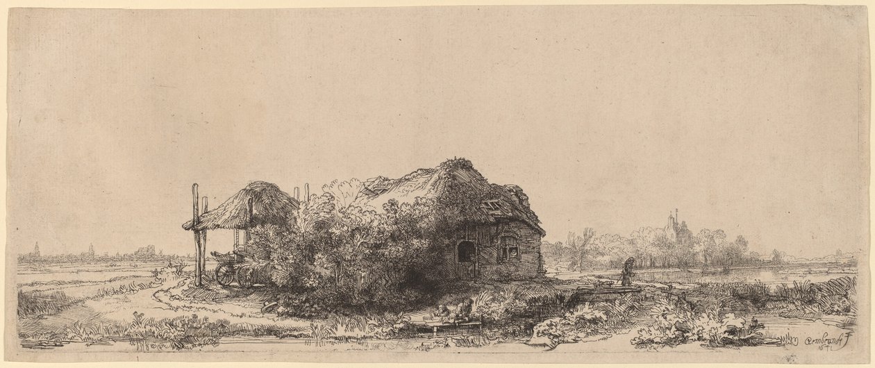 Táj kunyhóval és szénapajtával: Hosszúkás alkotó: Rembrandt van Rijn