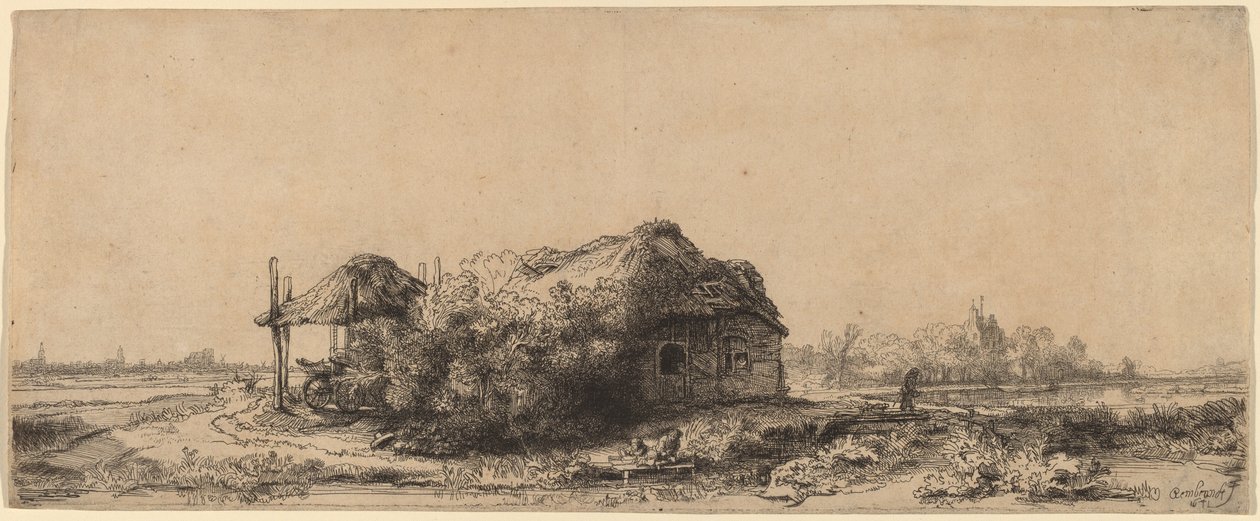 Táj kunyhóval és szénapajtával: Hosszúkás alkotó: Rembrandt van Rijn