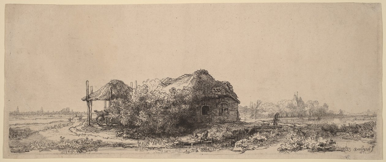 Tájkép kunyhóval és szénapajtával: hosszúkás alkotó: Rembrandt van Rijn