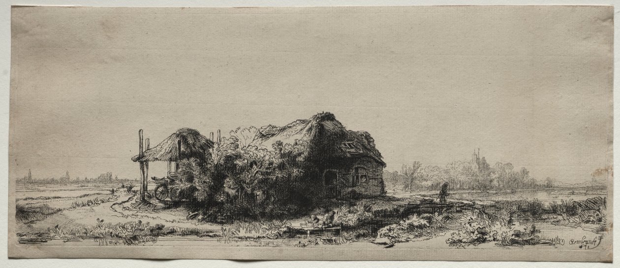 Táj kunyhóval és szénapajtával: Hosszúkás, 1641. alkotó: Rembrandt van Rijn
