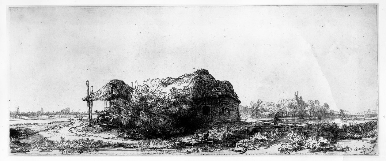 James Bretherton által metszett táj kunyhóval és szénapajzsával alkotó: Rembrandt van Rijn