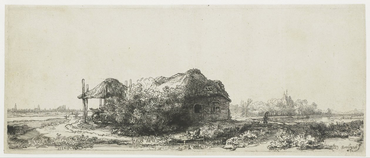 Táj kunyhóval és szénapajtával Táj házikókkal és szénapajtával: hosszúkás alkotó: Rembrandt van Rijn
