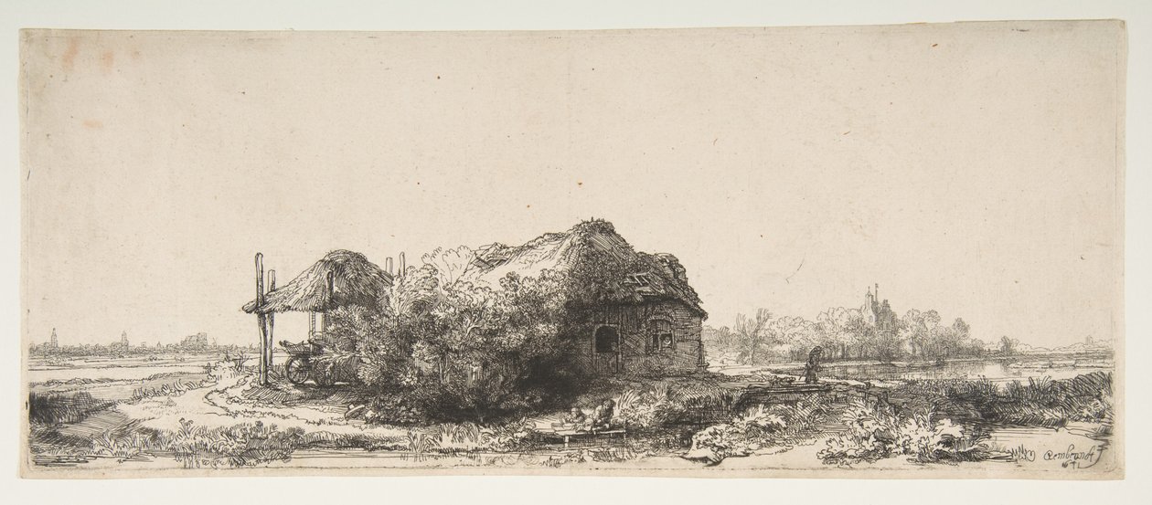 Táj kunyhóval és szénapajtával, 1641. alkotó: Rembrandt van Rijn