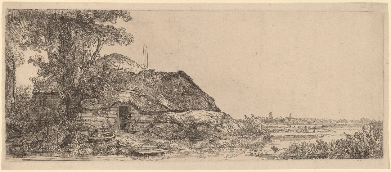 Táj egy kunyhóval és egy nagy fával alkotó: Rembrandt van Rijn