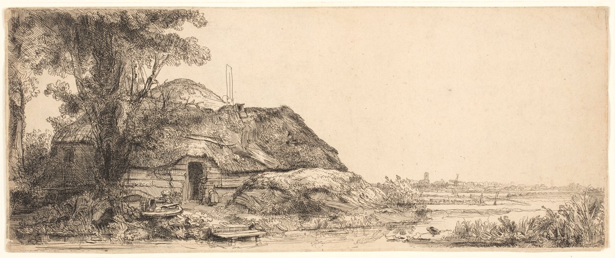 Táj egy kunyhóval és egy nagy fával alkotó: Rembrandt van Rijn