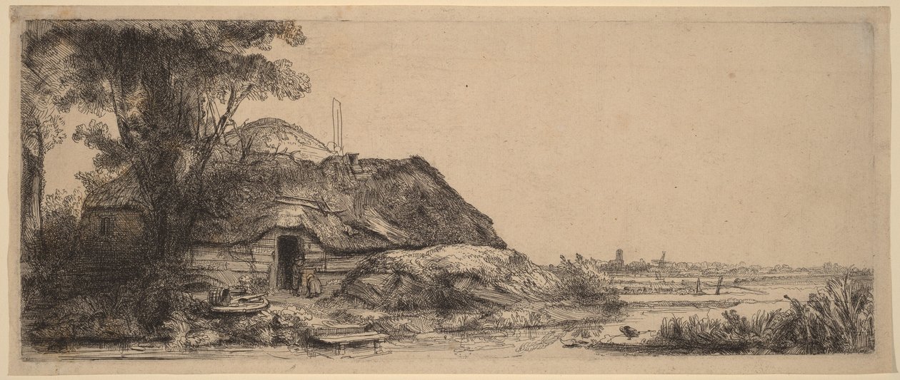 Tájkép egy kunyhóval és egy nagy fával alkotó: Rembrandt van Rijn