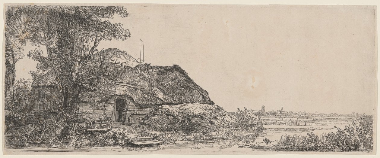 Tájkép egy kunyhóval és egy nagy fával alkotó: Rembrandt van Rijn