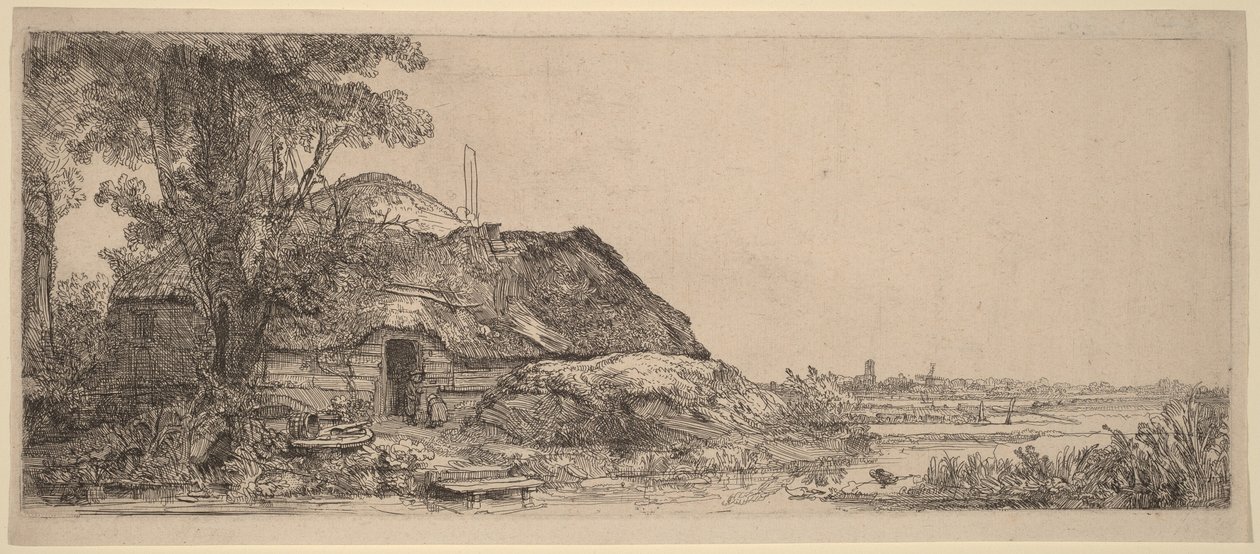 Tájkép egy kunyhóval és egy nagy fával alkotó: Rembrandt van Rijn