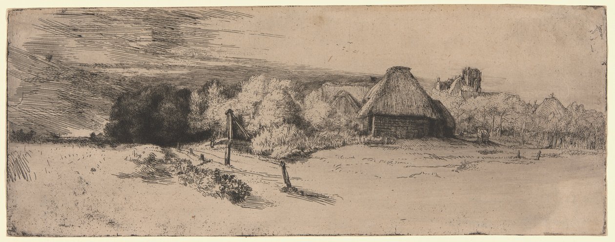 Táj egy gazdasági épülettel és a "Házzal a toronnyal" alkotó: Rembrandt van Rijn