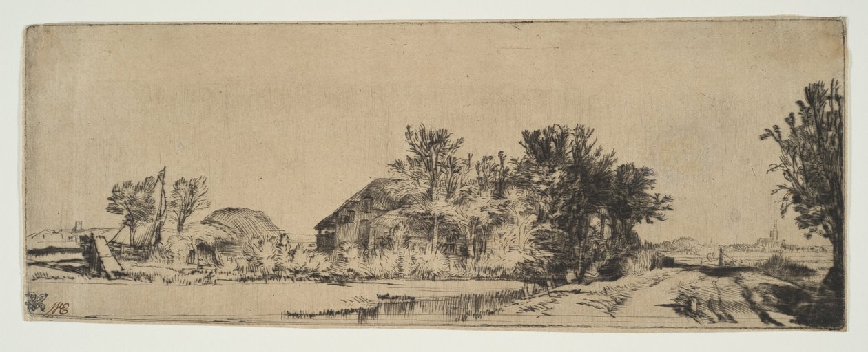 Táj parasztházzal, út mentén, csatorna mellett, kb. 1652. alkotó: Rembrandt van Rijn