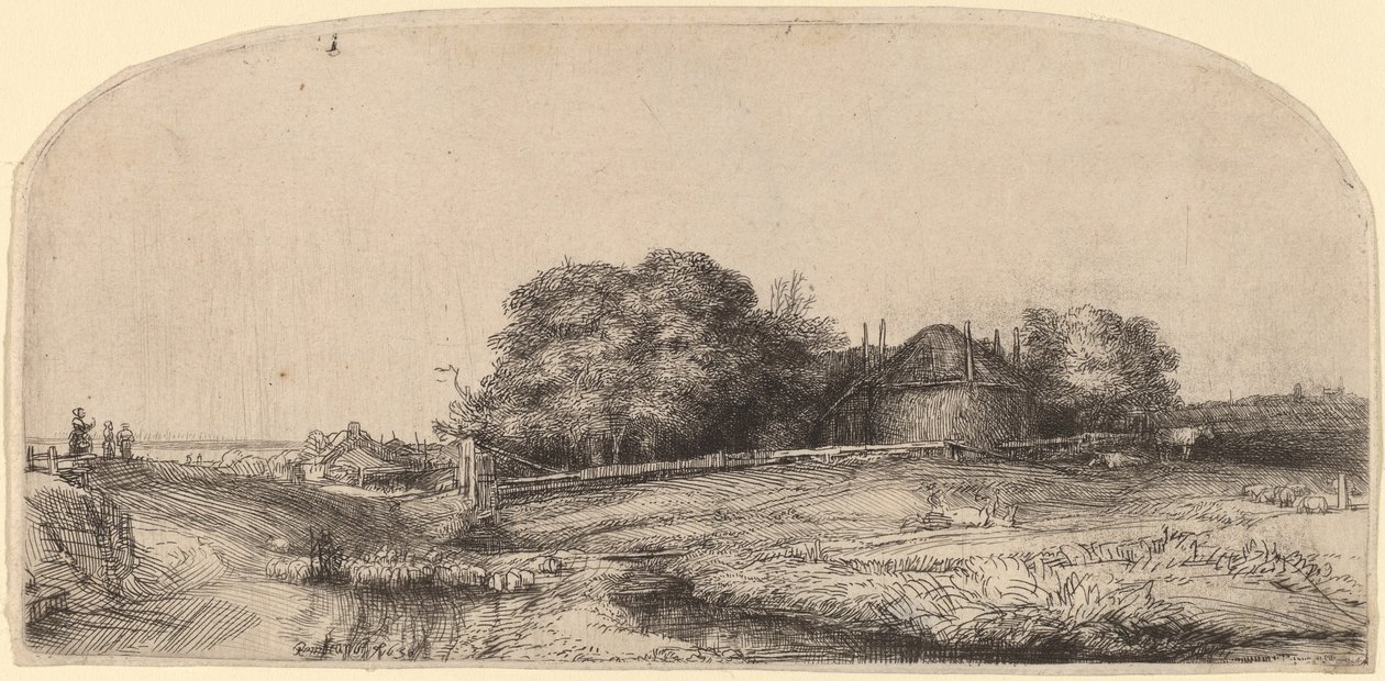 Táj egy szénás pajta és egy birkanyáj alkotó: Rembrandt van Rijn