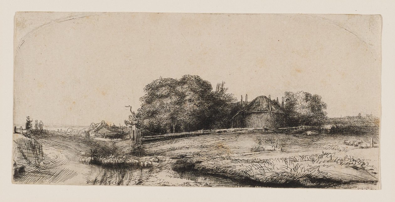 Tájkép szénapajtával és birkanyájjal alkotó: Rembrandt van Rijn