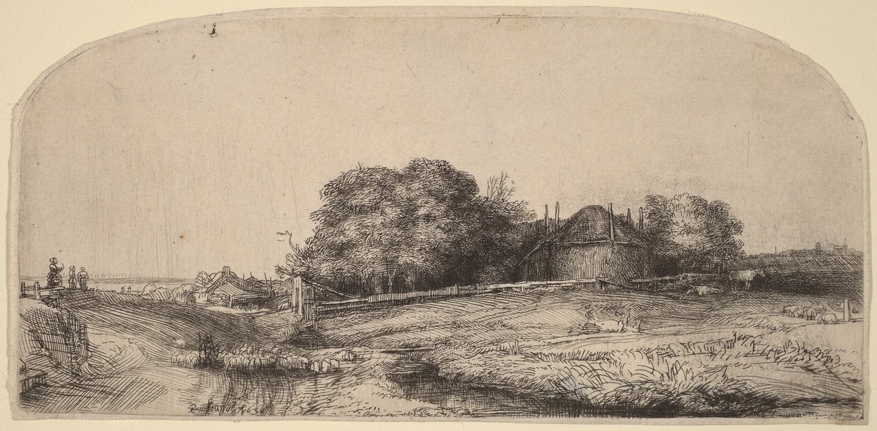 Tájkép szénapajtával és birkanyájjal alkotó: Rembrandt van Rijn