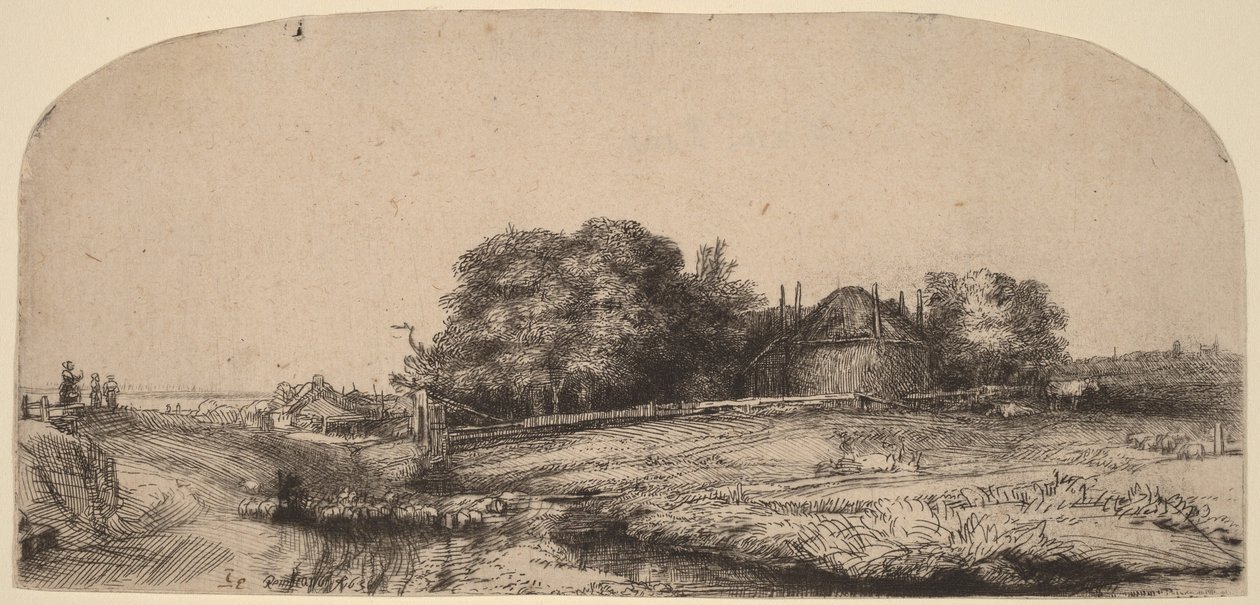 Tájkép szénapajtával és birkanyájjal alkotó: Rembrandt van Rijn