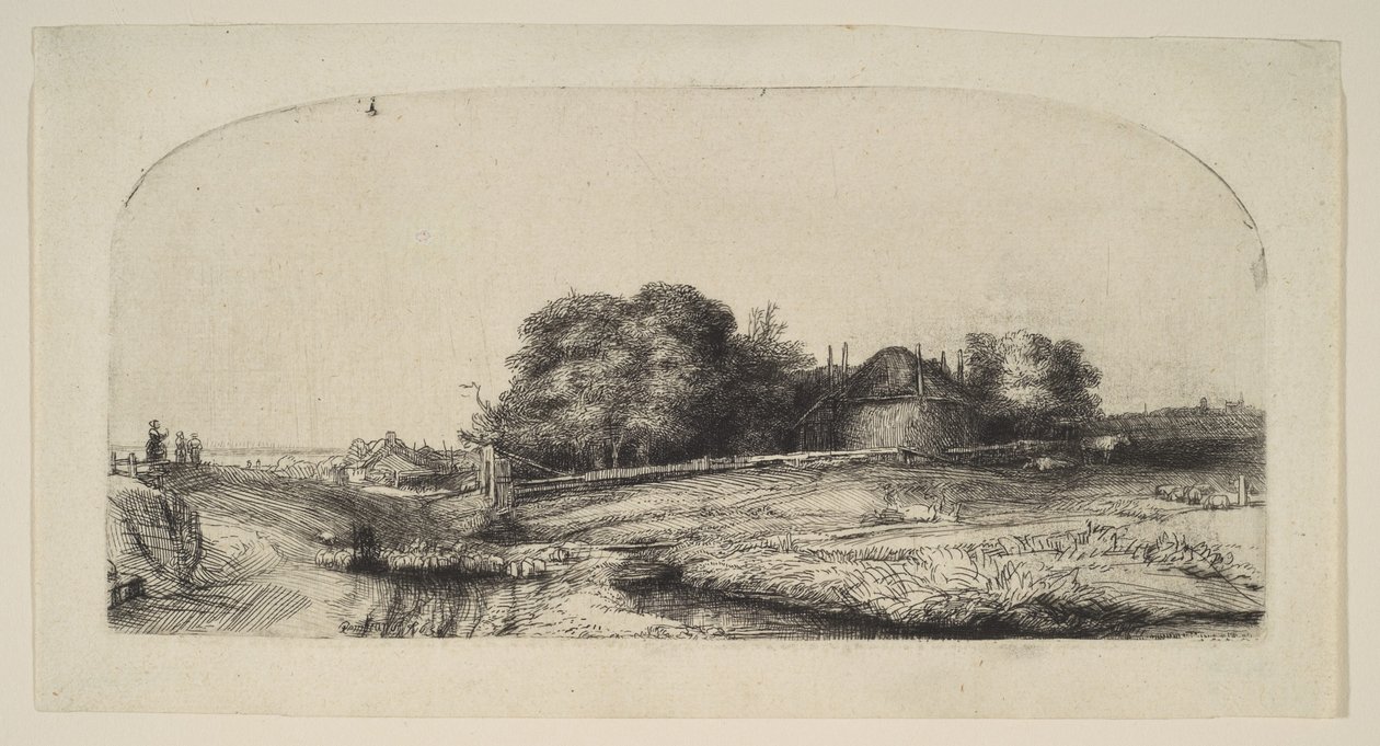 Táj szénás istállóval és birkanyájjal, 1652. alkotó: Rembrandt van Rijn